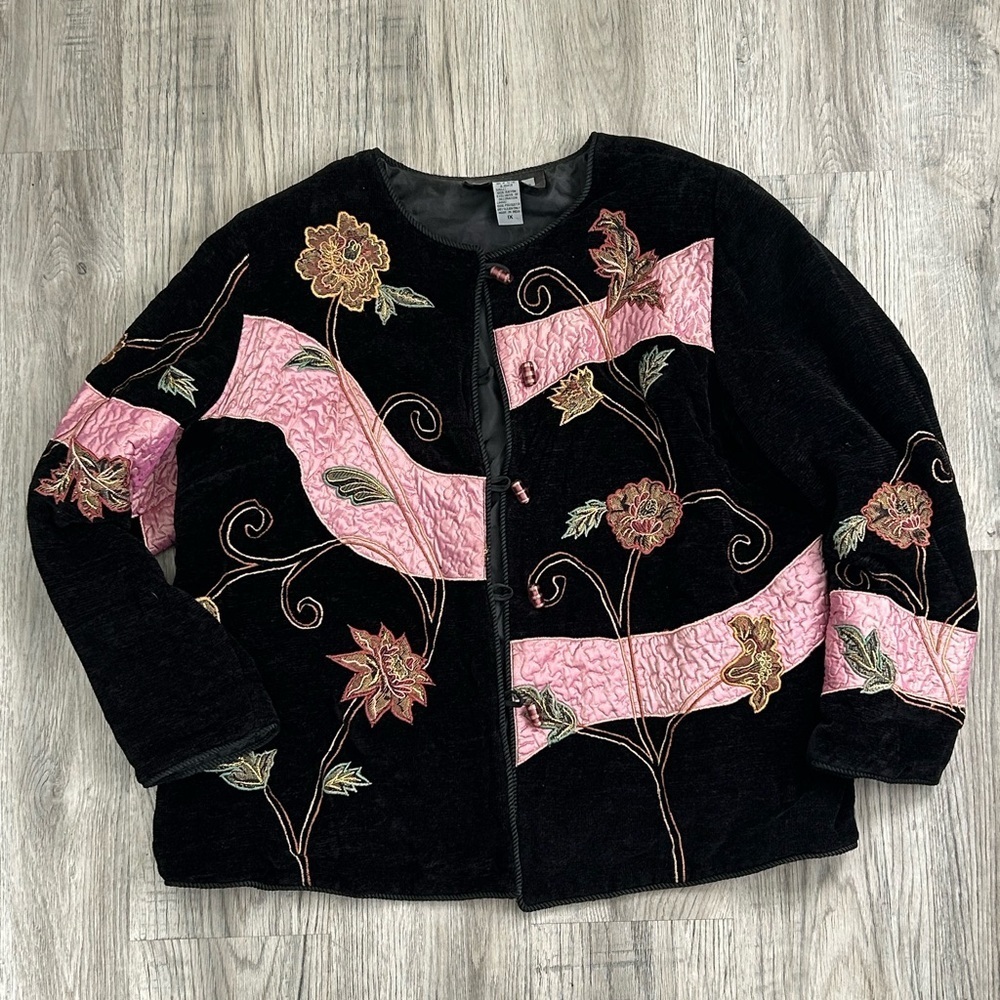 Indigo Moon Women's Floral Embroidered Velour‎ Jacket Sz 1X